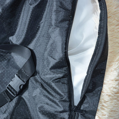 Dark gray plush pet bed with a high back and safety leash, designed for indoor use or as a car seat pad. - Image 12