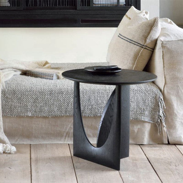 Mesa Auxiliar Redonda de Madera Maciza Diseño Geométrico Negro