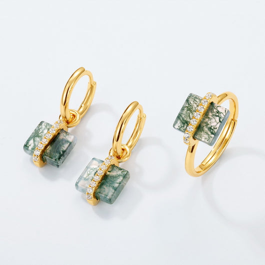 Aretes de Plata S925 con Ágata Musgo Natural - Diseño Cuadrado Minimalista - Image 3