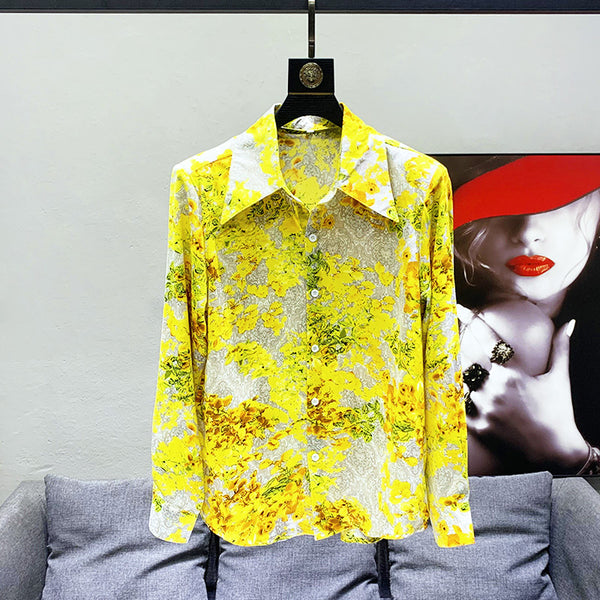 Camisa Hawaiana Amarilla Suelta con Hombreras Acolchadas para Hombre