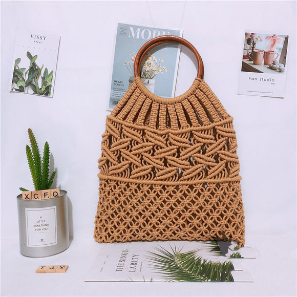 Bolsa Tejida Portátil con Asa de Madera - Bolso de Fibra Natural y Cuerda de Algodón