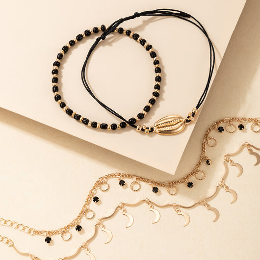 Pulsera Tobillera Multicapa con Perlas de Arroz y Concha - Juego de 4 Piezas Negro - Image 5