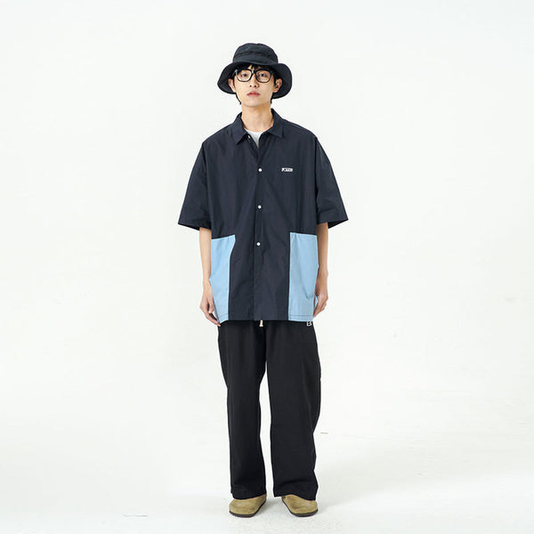 Camisa Suelta Japonesa con Estampado Colorblock y Bordado