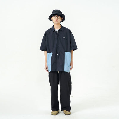 Camisa Suelta Japonesa con Estampado Colorblock y Bordado