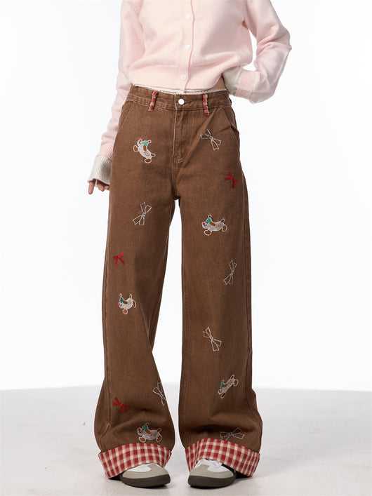 Jeans de Pierna Ancha Cintura Alta con Bordado de Moño Vintage - Image 13