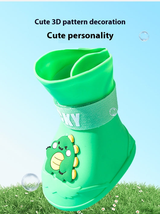 Four yellow silicone dog booties with a cartoon dog face emblem and "LUCKY" strap on a light blue background. - Image 18