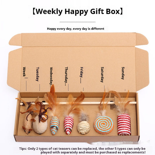 7-piece cat toy gift set with mouse, feather wands, and string-wrapped toys in a brown cardboard box. - Image 2
