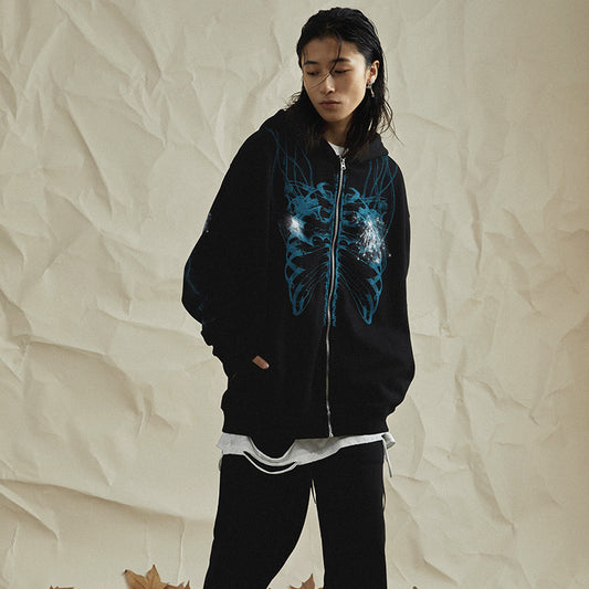 Sudadera con Capucha y Cierre de Estilo Urbano en Gris Oscuro