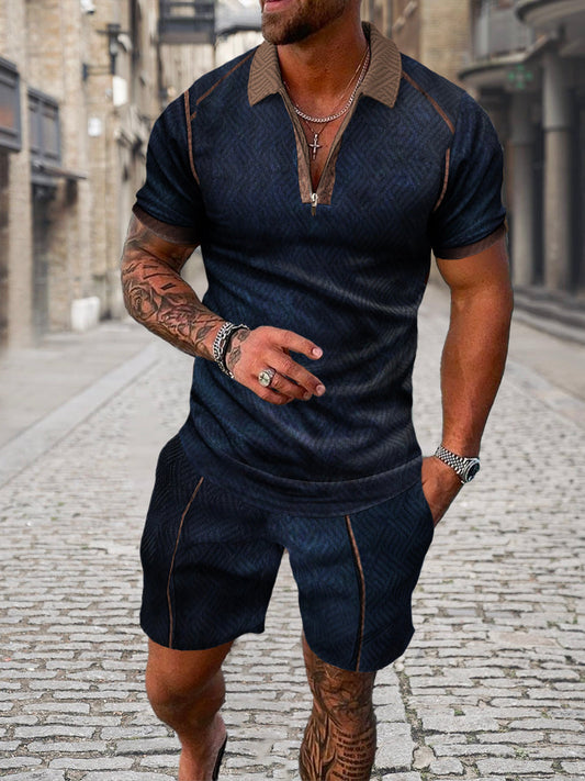 Conjunto de Camiseta Geométrica 3D con Cremallera y Solapa para Hombre - Verano - Image 2