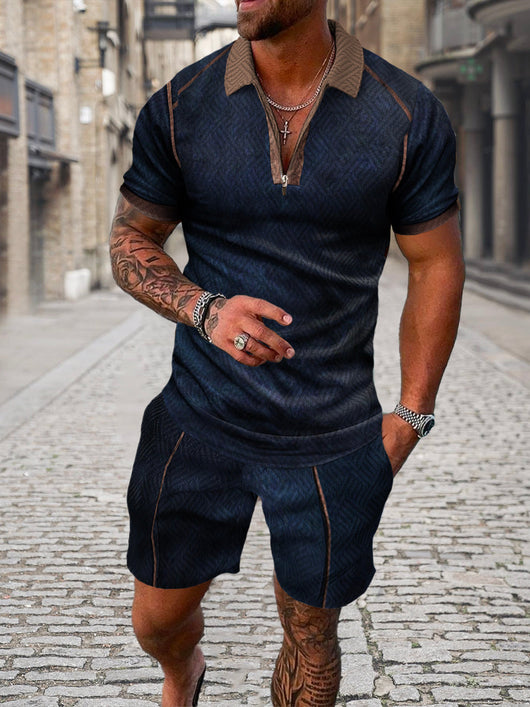 Conjunto de Camiseta Geométrica 3D con Cremallera y Solapa para Hombre - Verano - Image 2