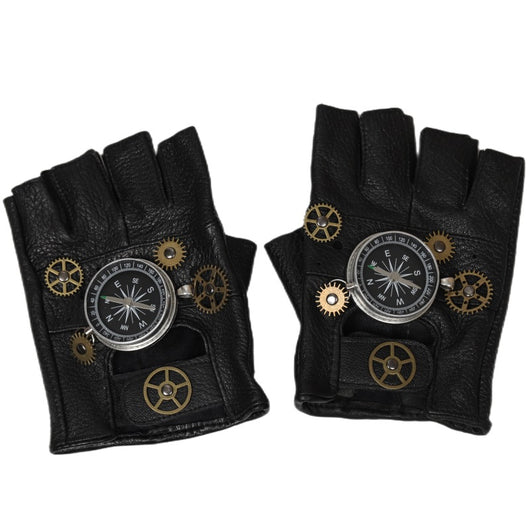 Guantes Steampunk de Cuero Vintage con Brújula - Estilo Retro Medio Dedo - Image 8
