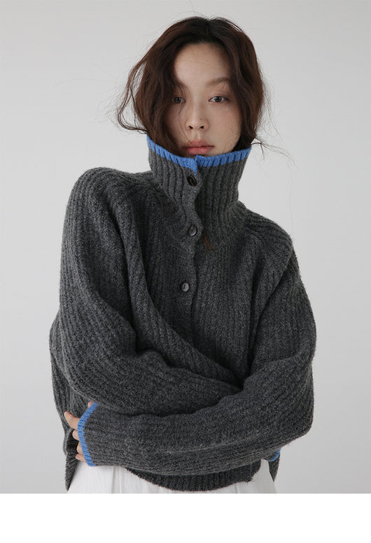 Cardigan de Lana Tejida con Cuello Bicolor - Abrigo de Botón Simple - Image 18