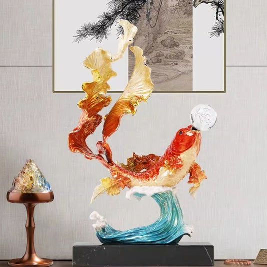 Ornamento Carpa Saltando la Puerta del Dragón - Decoración Feng Shui para Sala y Oficina