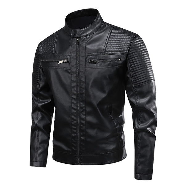 Chaqueta de Cuero para Hombre Slim Fit con Cuello de Pie - Abrigo Biker Premium