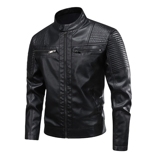 Chaqueta de Cuero para Hombre Slim Fit con Cuello de Pie - Abrigo Biker Premium