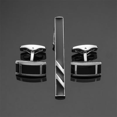 Set de Gemelos y Pasador de Corbata con Rayas Diagonales en Esmalte Negro y Plata - Image 10