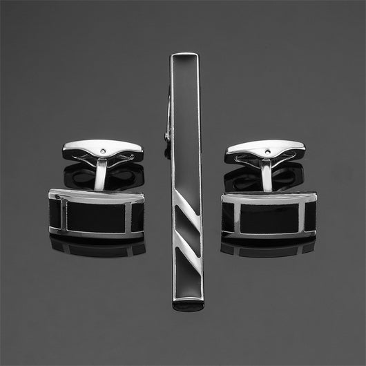Set de Gemelos y Pasador de Corbata con Rayas Diagonales en Esmalte Negro y Plata - Image 10