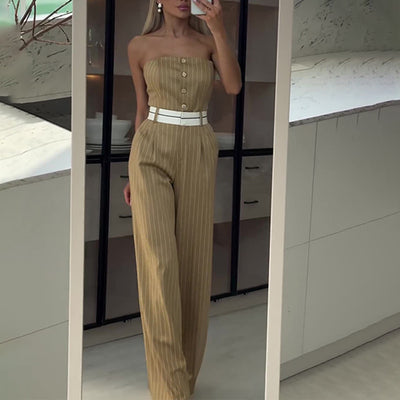 Jumpsuit de Tubo Rayado con Cintura Alta y Hombros Descubiertos - Pantalón Ancho para Mujer - Image 6
