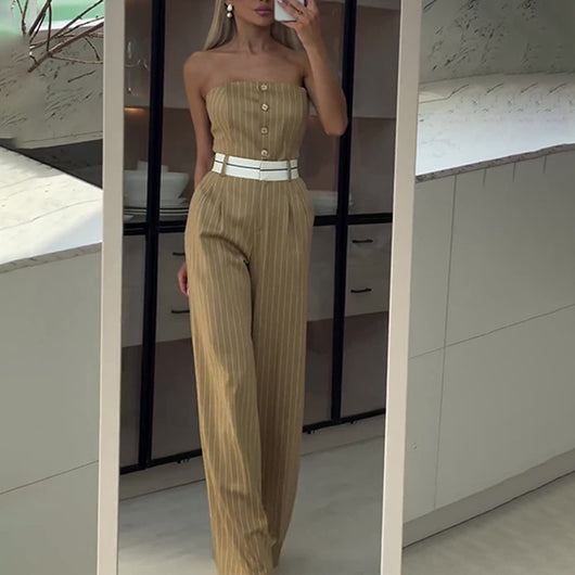 Jumpsuit de Tubo Rayado con Cintura Alta y Hombros Descubiertos - Pantalón Ancho para Mujer - Image 6
