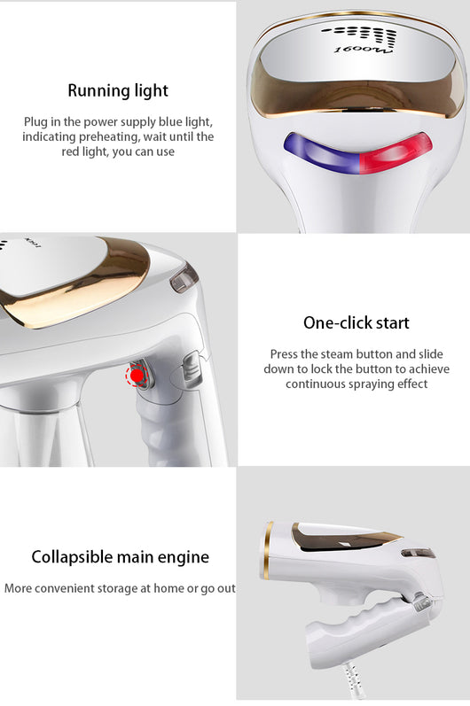 White and gold handheld folding steam iron with clear cistern, long bristle brush, fluff brush, and measuring cup. - Image 10