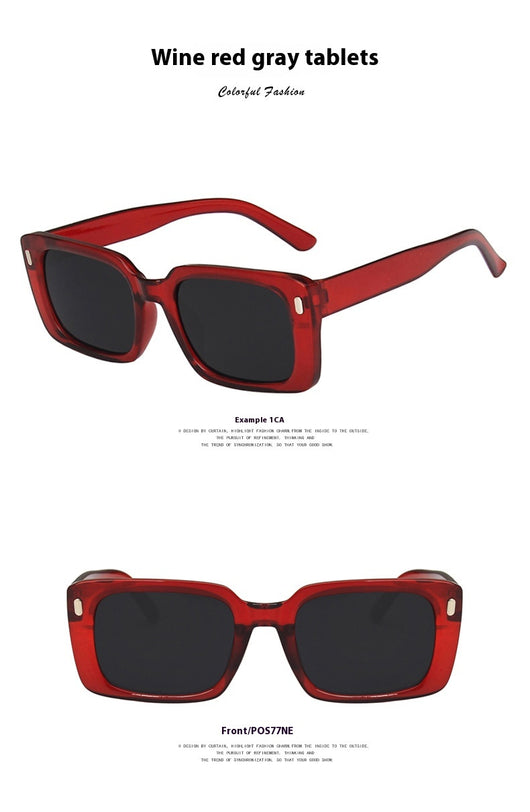 Women's retro hip hop fashion sunglasses with bright black frames, dark gray rectangular lenses, and gold accents. - Image 22