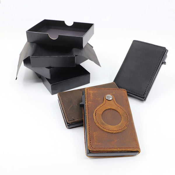 Billetera Minimalista de Cuero Premium para Hombre con Soporte AirTag y Protección RFID