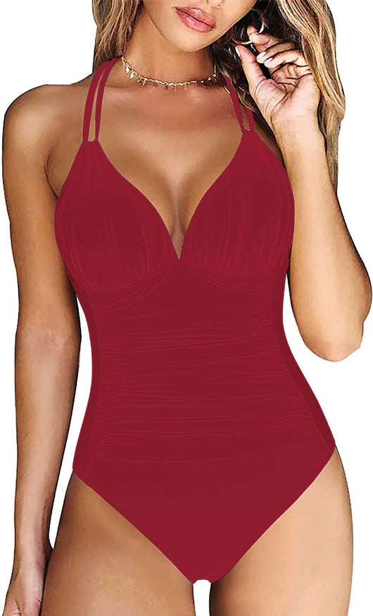 Teal halter one-piece swimsuit with a deep V-neck and ruched detailing on the bodice and sides. - Image 21