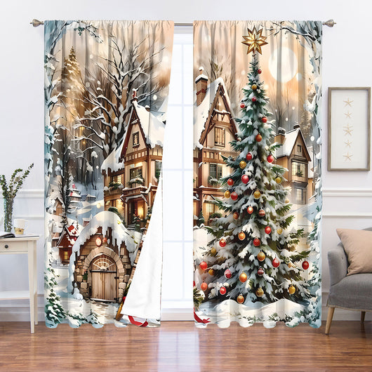 Christmas curtain with a snowy village scene, Santa Claus, flying reindeer, and piles of wrapped gifts. - Image 39