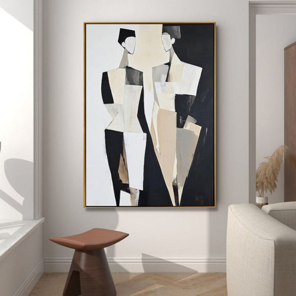 Cuadro Abstracto Moderno de Personas en Blanco y Negro - Pintura al Óleo Artesanal para Sala de Estar