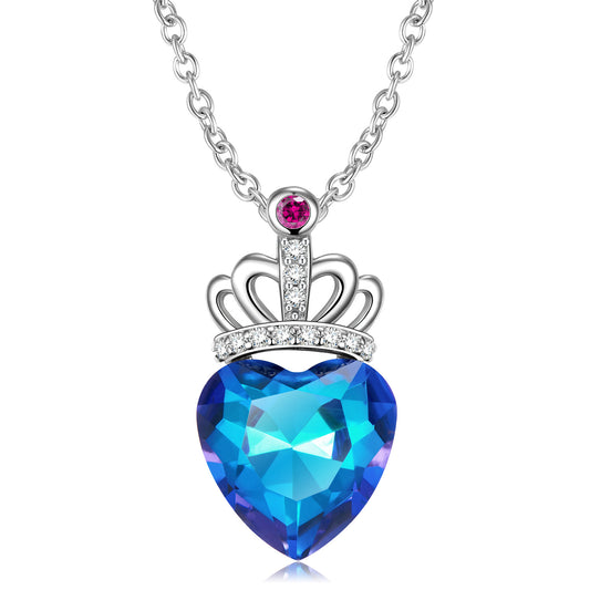 Collar Corazón Melocotón con Corona en Plata de Ley S925 y Efecto Luz Azul