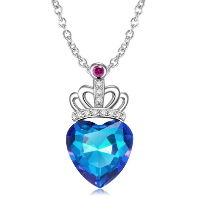Collar Corazón Melocotón con Corona en Plata de Ley S925 y Efecto Luz Azul