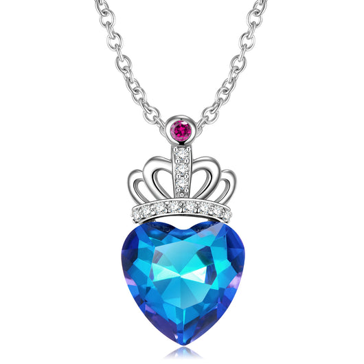 Collar Corazón Melocotón con Corona en Plata de Ley S925 y Efecto Luz Azul