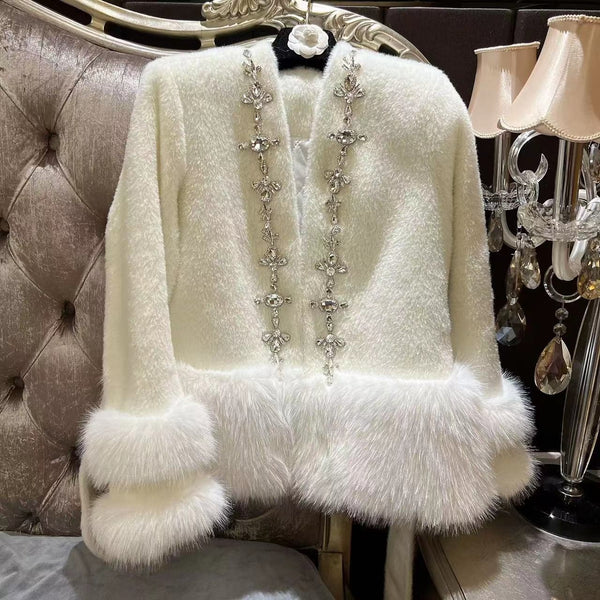 Abrigo Cardigan de Piel de Zorro con Cuentas Acolchado para Mujer - Image 4