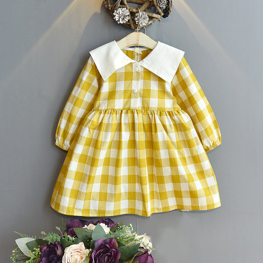 Vestido Niña Cuadros con Cuello Amplio y Botones Manga Larga - Image 2