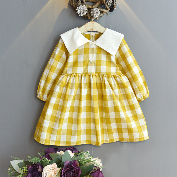 Vestido Niña Cuadros con Cuello Amplio y Botones Manga Larga