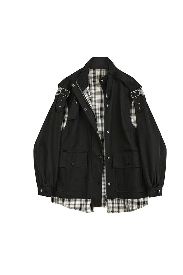 Chaqueta Denim Cuadriculada con Costuras de Contraste y Efecto Dos Piezas para Mujer
