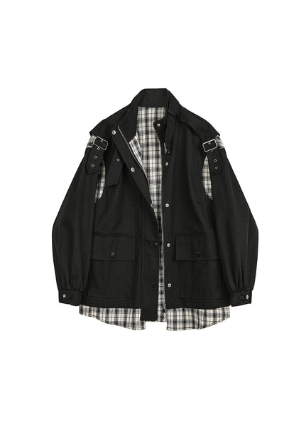 Chaqueta Denim Cuadriculada con Costuras de Contraste y Efecto Dos Piezas para Mujer