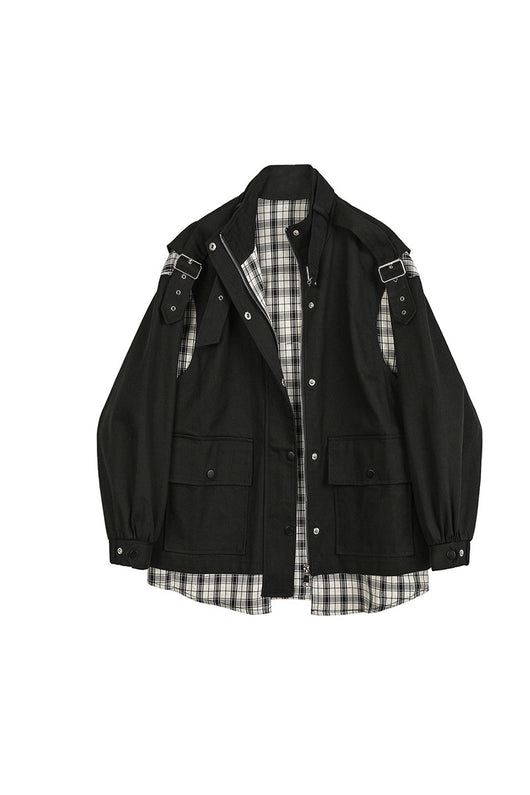 Chaqueta Denim Cuadriculada con Costuras de Contraste y Efecto Dos Piezas para Mujer