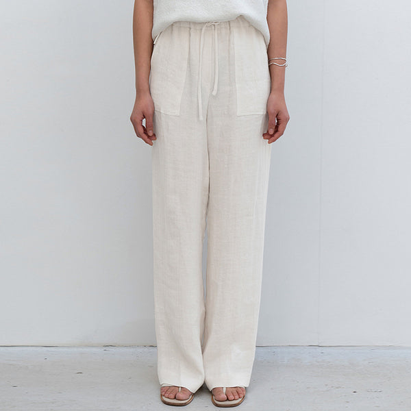 Pantalones de Lino Puro con Cordones Rectos Talla Grande para Mujer