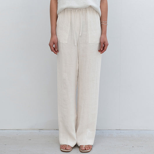 Pantalones de Lino Puro con Cordones Rectos Talla Grande para Mujer
