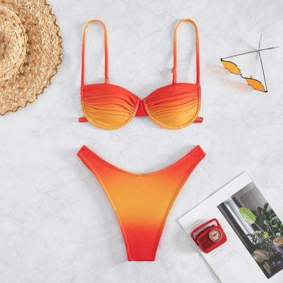 Gradient brown, orange, and green two-piece bikini swimsuit with a bandeau top and high-cut thong bottom. - Image 6