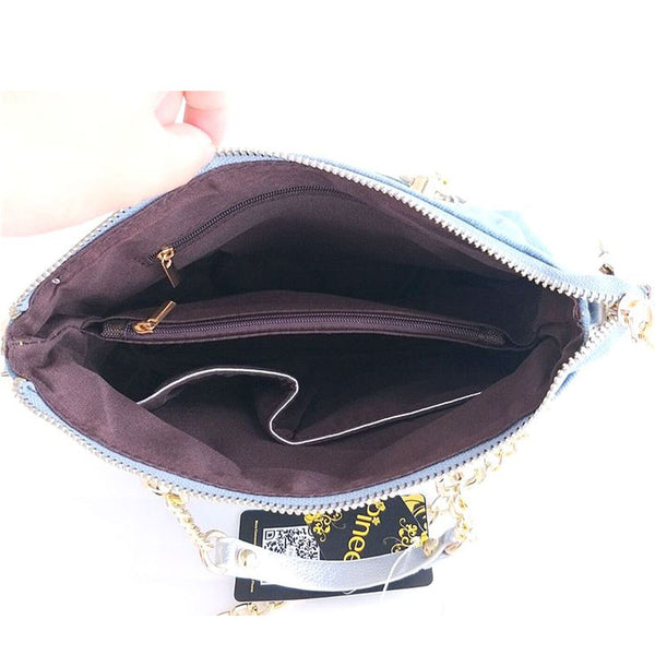 Bolso Mensajero Vaquero con Diamantes y Diseño Asimétrico