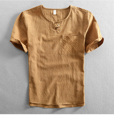 Camiseta Hombre Algodón Rayas Cuello Abierto Manga Corta Suelta Casual - Image 29