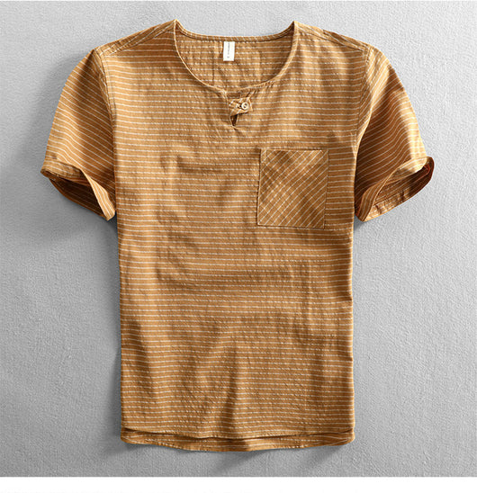 Camiseta Hombre Algodón Rayas Cuello Abierto Manga Corta Suelta Casual - Image 29