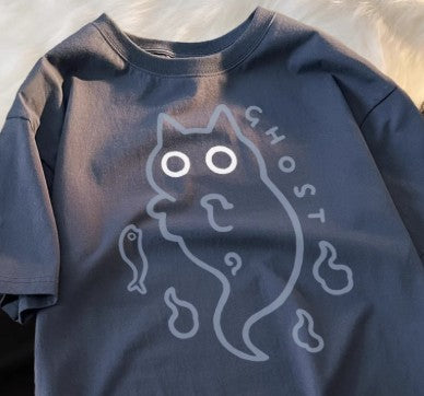 Camiseta de Algodón Puro Holgada con Diseño Fantasma Gato Transparente - Image 6