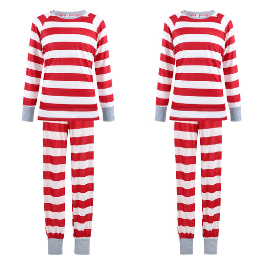 Red and white striped long-sleeve parent-child pajamas, including men's, women's, kids' two-piece sets, and a baby romper. - Image 2