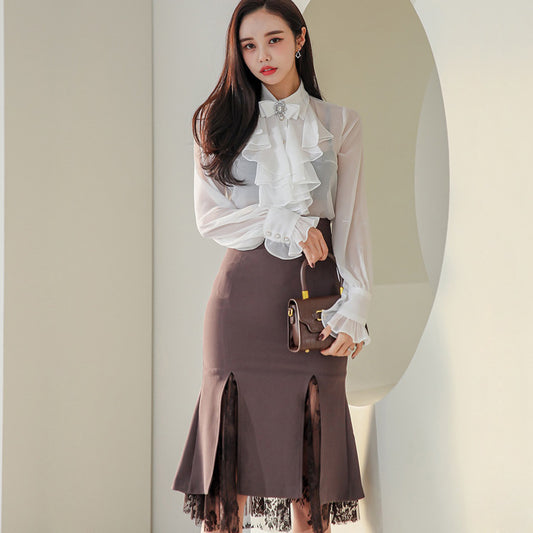 Conjunto Elegante de Blusa y Falda en Gasa - Estilo Temperamento