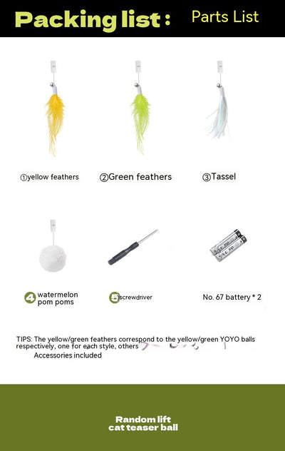 Automatic lifting cat toy with a yellow ball and white clamp, featuring interchangeable feather and pom-pom attachments. - Image 11