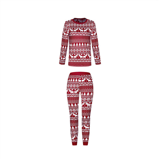 Red and white Christmas pajama set with long-sleeve top and pants, featuring a Fair Isle reindeer and tree print. - Image 12