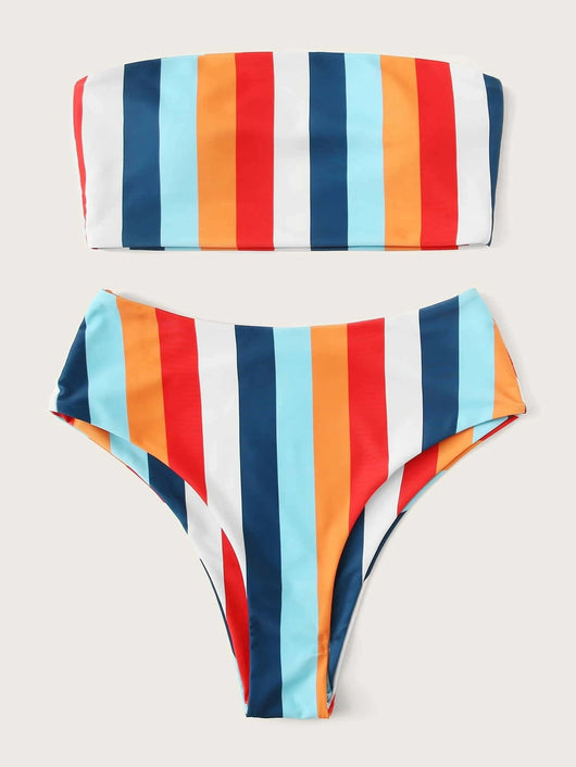 Bikini Arcoíris de Rayas con Estampado en el Pecho y Cintura Alta Abierto - Image 8